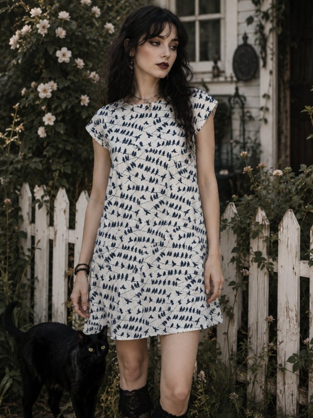 SM Wardrobe Bird Dress White & Black Shift Birds on a Wire SZ XL Cotton/Poly